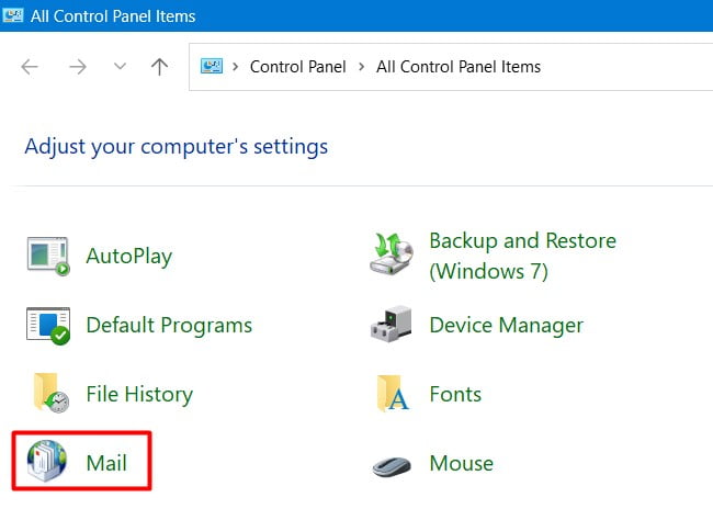 Open Mail inside Control Panel