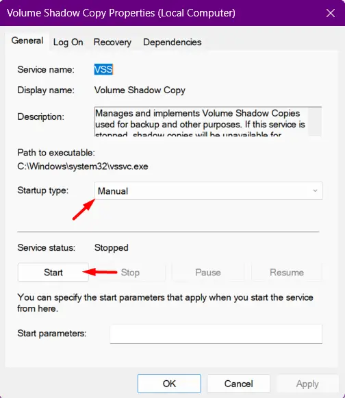 Start Volume Shadow Copy after changing it Startup type to Manual