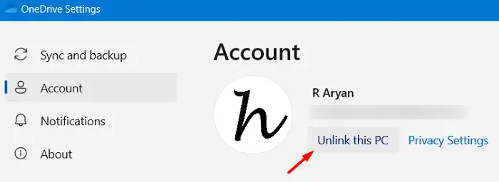 Unlink this PC to disable OneDrive