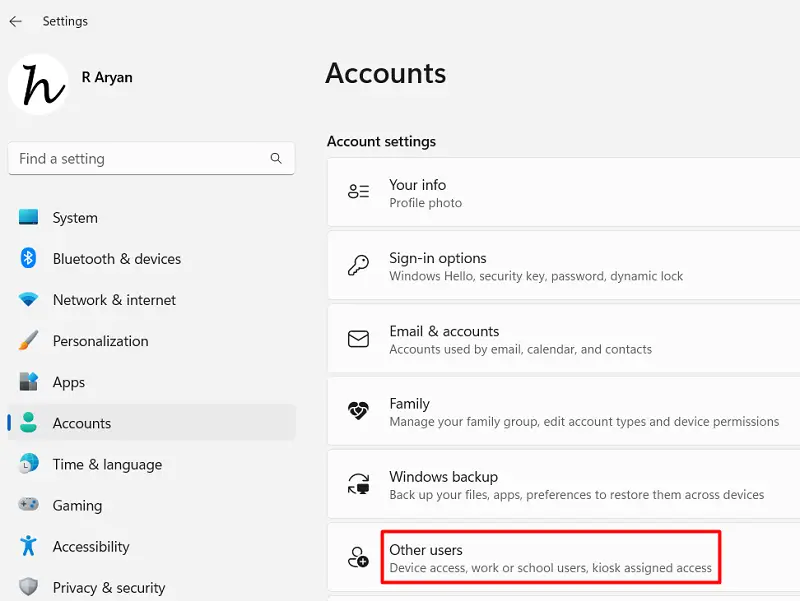 Create Other User Account in Windows 11