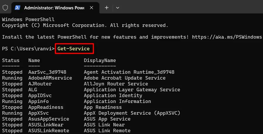 View all Services in Windows using PowerShell - Start and Stop Services on Windows 11