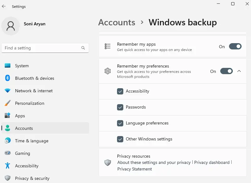 Windows Backup in version 23h2