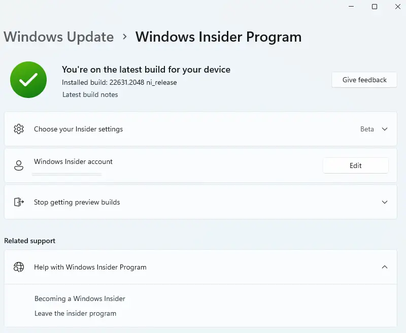 Windows Insider Program in version 23h2