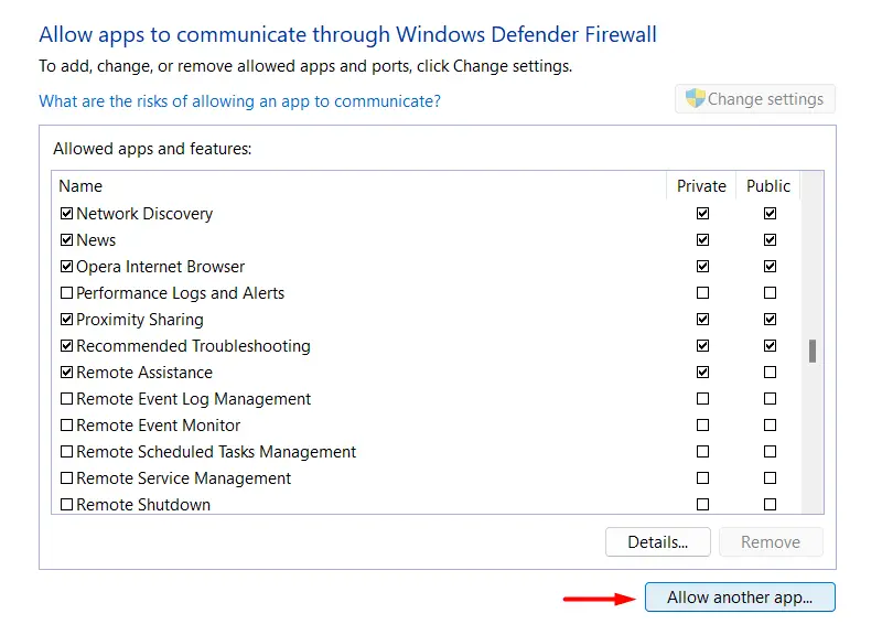 Allow Another app through Windows Firewall - OneDrive Error 0x80070185