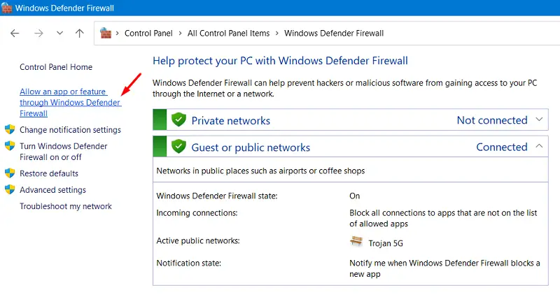 Allow an app or feature through Windows Defender Firewall