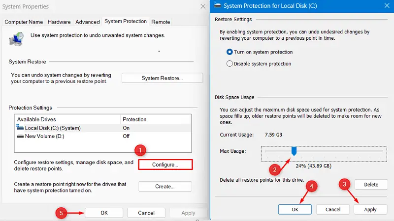 Increase Max usage of disk space for System Restore