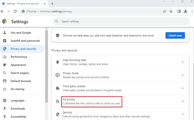 Ad Privacy setting in Chrome