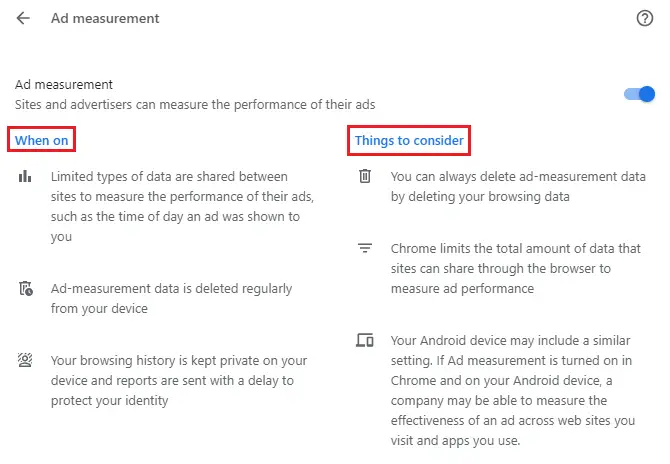 Ad measurement Settings in Google Chrome