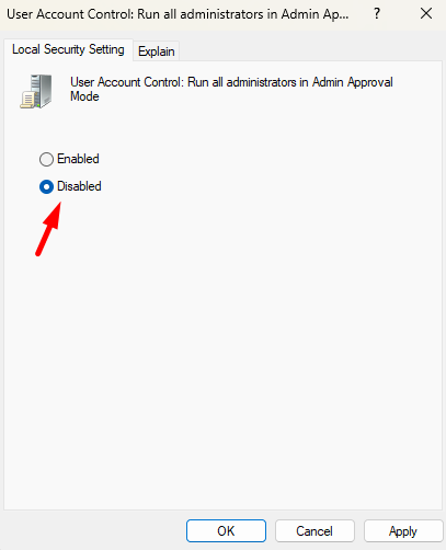 Disable UAC Run all administrators in Admin Approval Mode in Group Policy