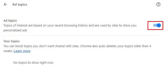 Turn off Ad topics toggle switch