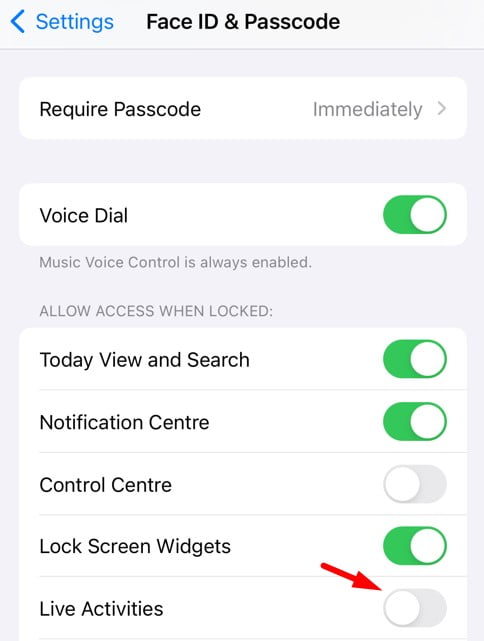 Disable Live Activities under Face ID & Passcode