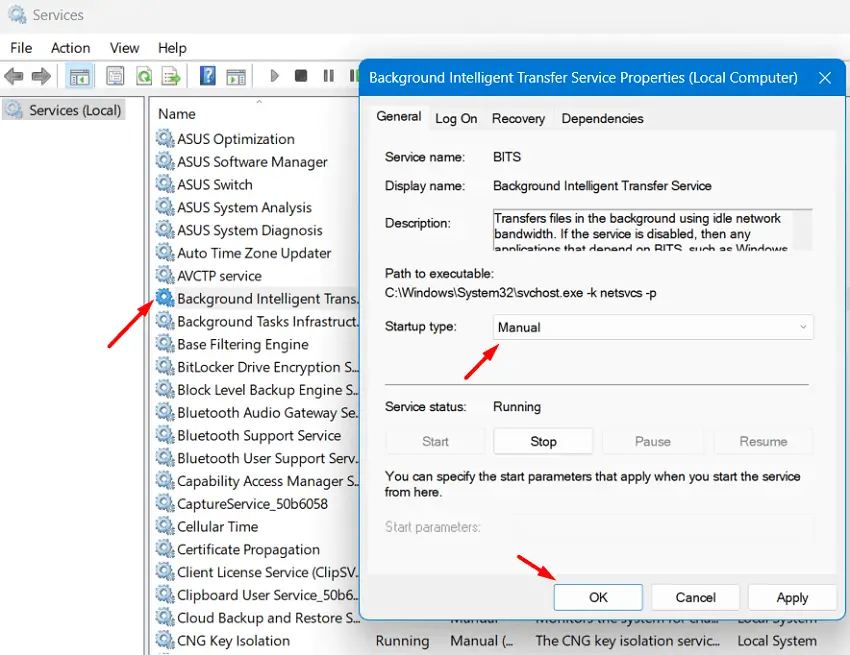 Set BITS to Manual in Windows 11