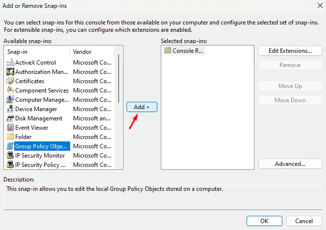 Add Group Policy Object under Add or Snap-ins