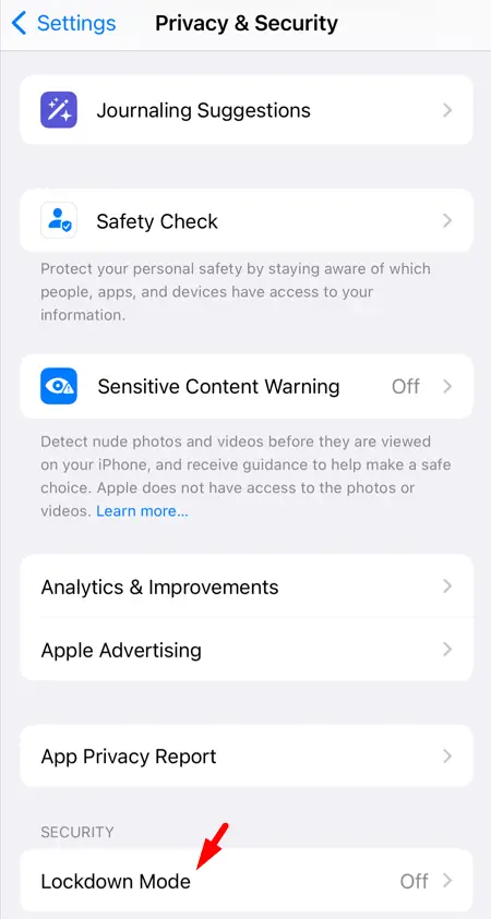 Privacy & Security settings in iPhone