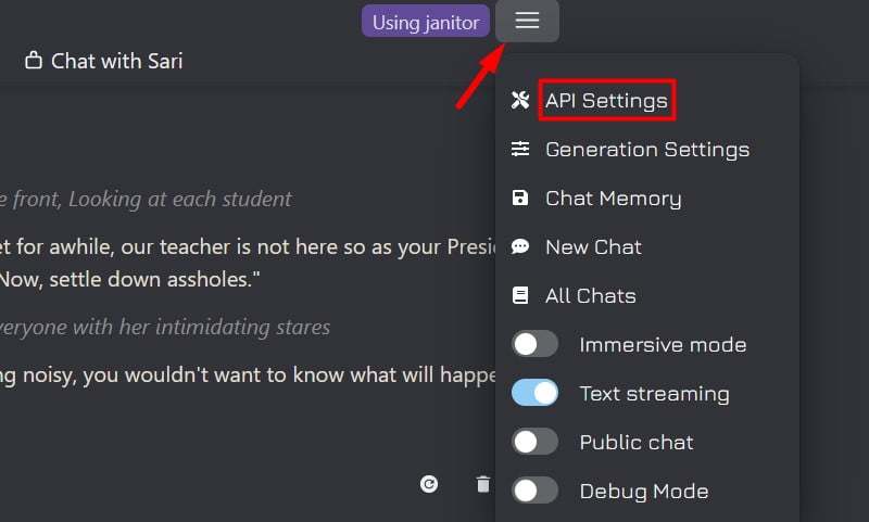 API settings on JanitorAI