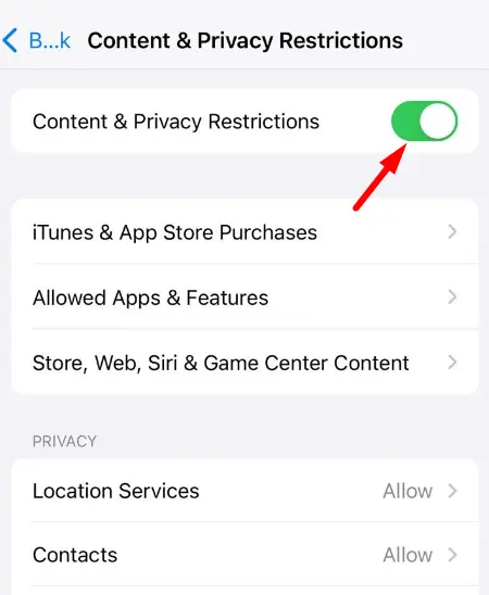 Enable toggle switch next to content and privacy restrictions - Lock Your Apple ID Profile