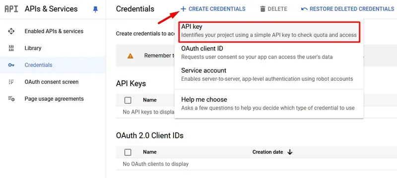 Create Credentials under APIs and Services