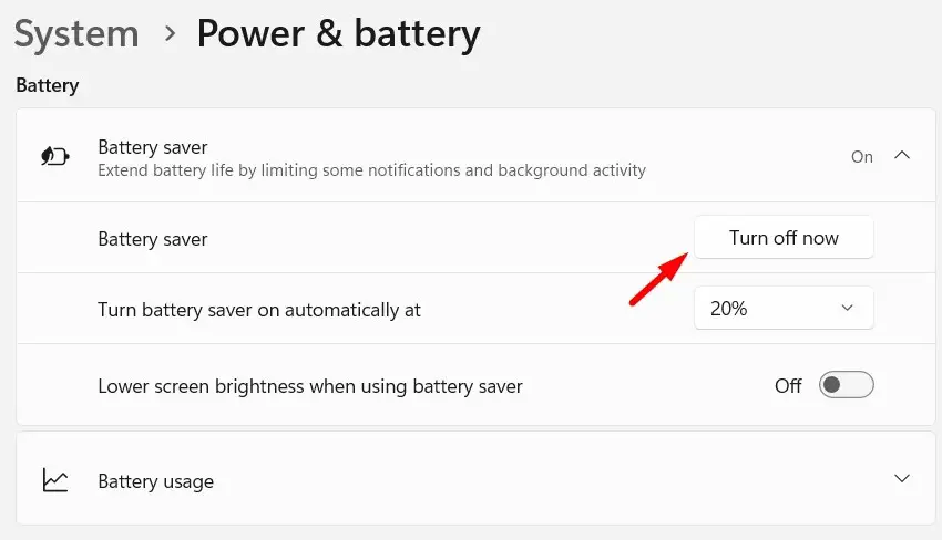 Turn off Battery Saver in Windows