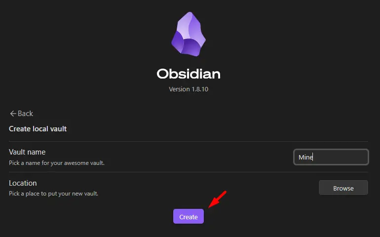 Creating new vault on Obsidian