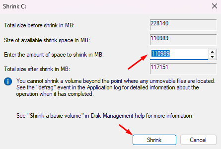 Select the Amount of Space in MB and hit Shrink