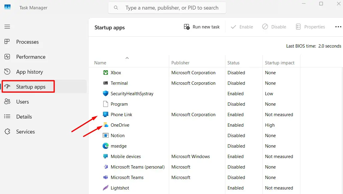 Startup apps in Task Manager